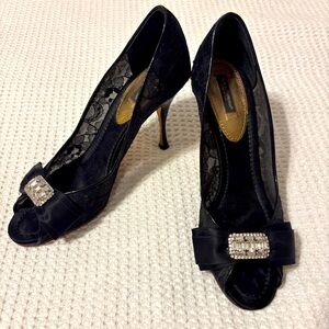 Dolce & Gabbana Laceo Black Mess Evening Crystal Stiletto Peep Toe Shoes Size 40